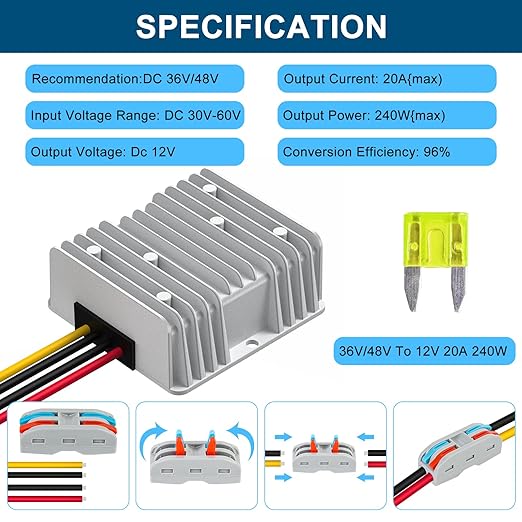 DC Voltage Reducer Converter DC 8V-40V to 13.8V 10A 138W Automatic Step Down Up Voltage Regulator Power Converter Waterproof Module Transformer for Golf Cart Club Car and Vehicle-Mounted Equipment