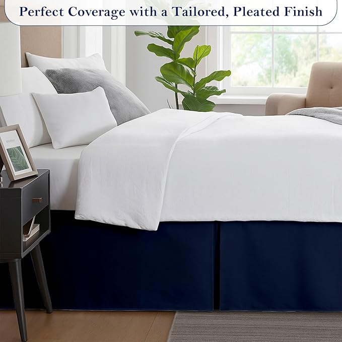 Full Bed Skirt, Luxury 21 Inch Drop Navy Blue Pleated Bed Skirt, Double Brushed Microfiber, Box Pleat Design, Wrinkle & Fade Resistant, Easy Fit Tailored Bedskirt for Full Size Beds