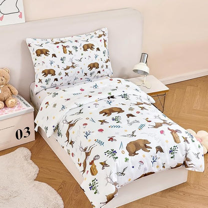 PERFEMET 4-Piece Toddler Bedding Set-Reversible Woodland Animal Toddler Bed Sets for Boys Girls-Soft Lightweight Cartoon Bear Deer Print Toddler Bed Comforter with Sheets for All Season