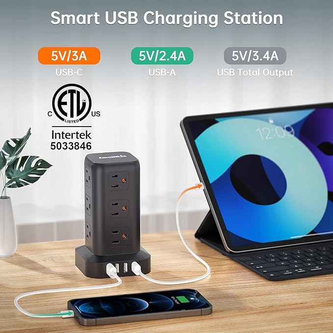 Extension Cord with Multiple Outlets, Surge Protector Power Strip Tower, 12 AC 4 USB，Surge Protector Tower 6.5FT Overload Protection for Home Office