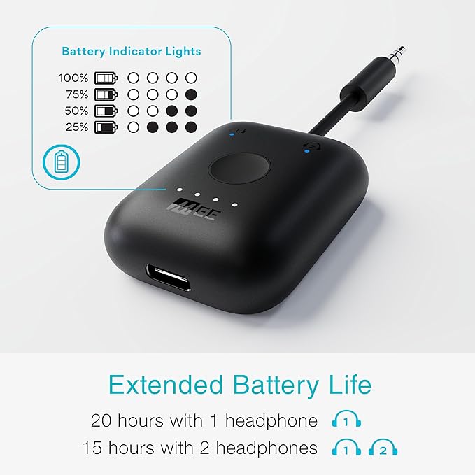 MEE Audio Connect Air in-Flight Bluetooth Wireless Audio Transmitter Adapter for up to 2 AirPods/Other Headphones; Works with All 3.5mm Aux Jacks on Airplanes, Gym Equipment, TVs, & Gaming Consoles