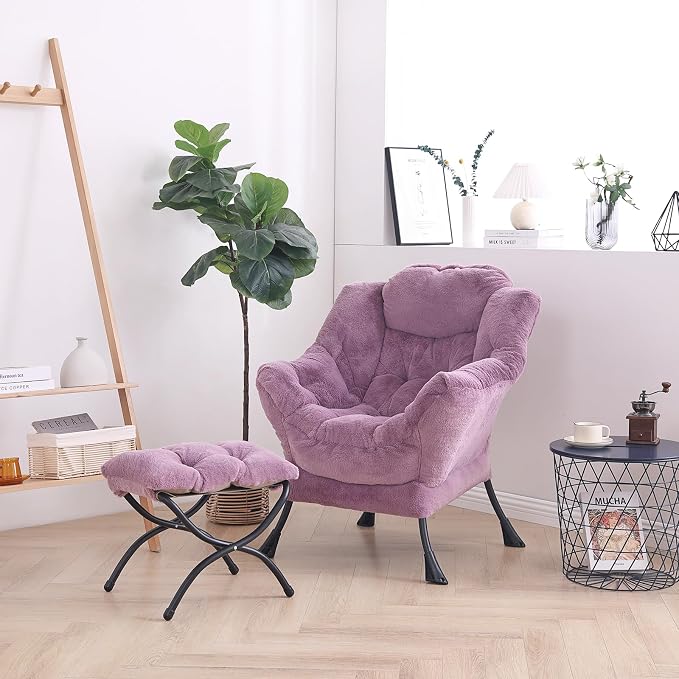Lazy Chair with Ottoman, Comfy Accent Reading Chair, Plush Purple | Foldable - Image 4
