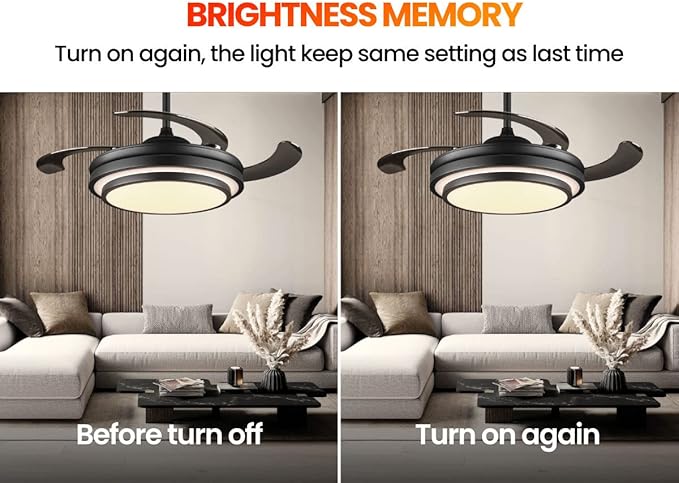 48 Inch Retractable Ceiling Fan with Lights and Remote,Black Fandelier Ceiling Fan with APP Control 6 Speed Dimmable LED Ceiling Fans Silent Reversible Motor for Bedroom Kitchen Living Room