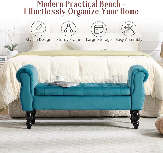 47.6" Storage Bench for End of Bed Bedroom, Velvet Ottoman Bench - Image 6