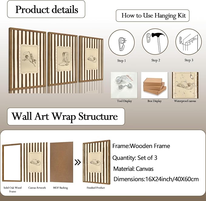 Western Cowboy Wall Art Set of 3, Vintage Cowboy Boots Hat Wall Decor Painting - Image 4