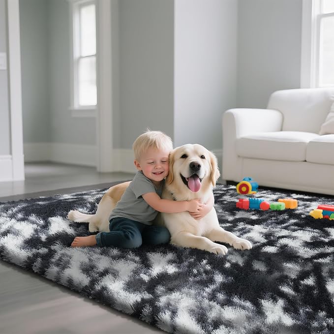 Mottled Black 6x9 Area Rugs for Living Room, Fluffy Shag Rug Large Carpet | - Image 5