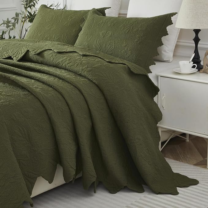 Brandream Olive Green Floral Vine Cotton Quilt Set King Size Luxury Scalloped - Image 3