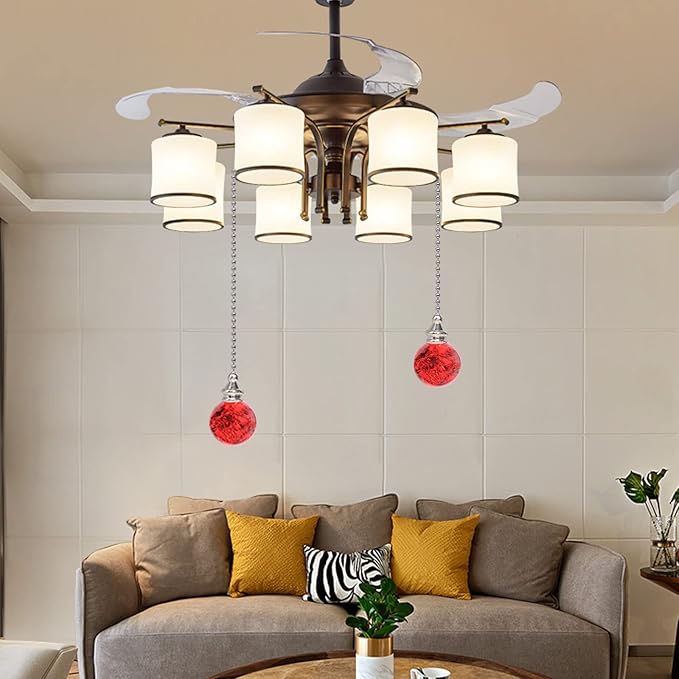 2PCS Red Pull Chain Crystal Glass Ice Cracked Ball Pull Chain for Ceiling Fan Light Decoration 50cm Extension Chain