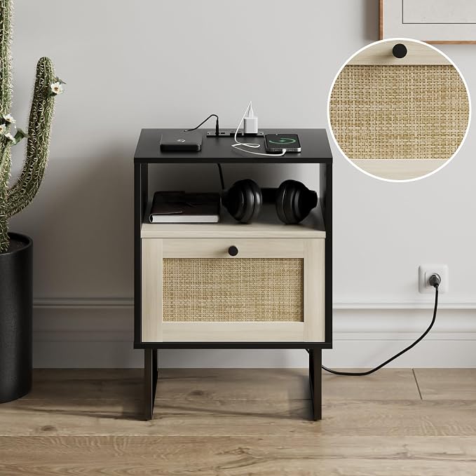 Masupu Boho Night Stand, Small Rattan Side Table, Wood Nightstand - Image 6