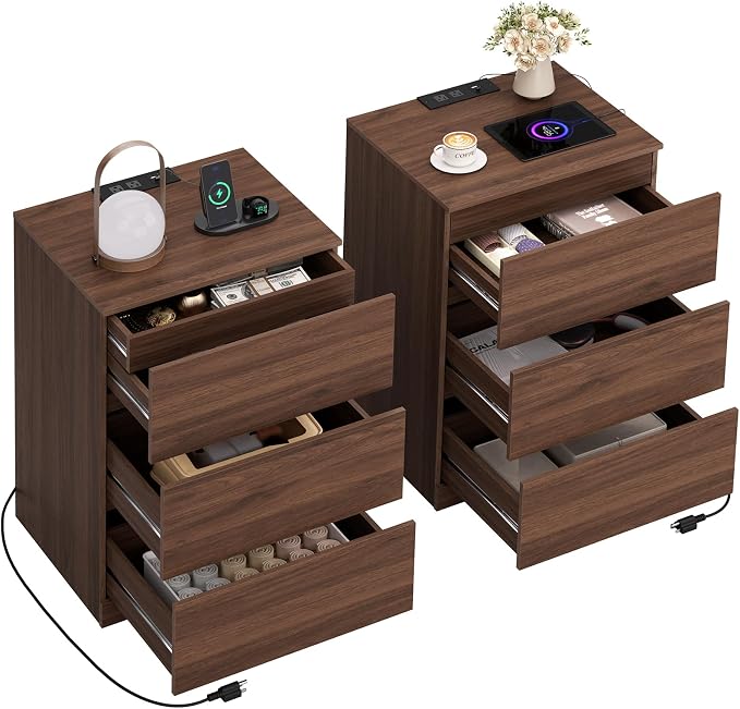 Nightstands Set of 2 with Charging Station and Hidden Drawer, Walnut | Bedside by Draelibor