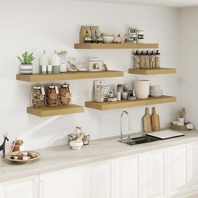 12" Deep Oak Floating Shelves,Over Toilet Long Wall Mounted Modern Farmhouse 36 inches,Wall Shelves with Invisible Brackets for Bedroom, Bathroom, Living Room, Kitchen, Set of 1