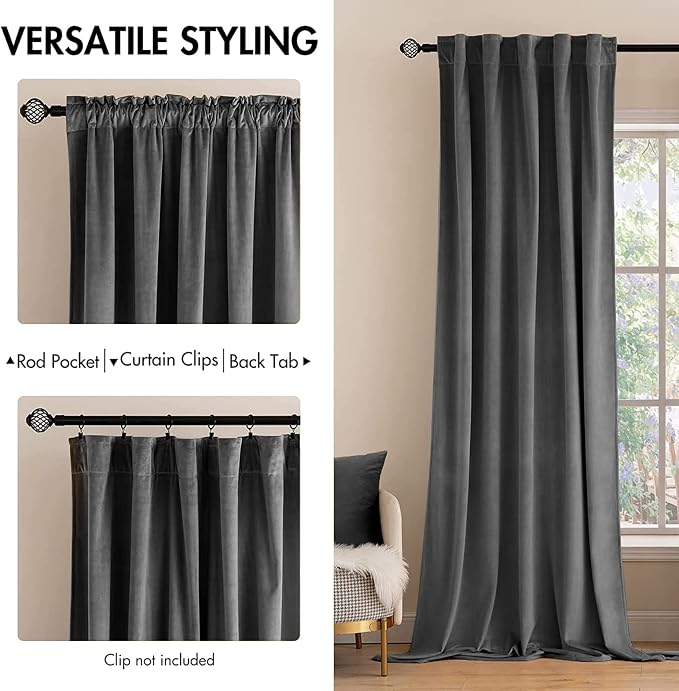MIULEE Grey Velvet Curtains 52x84 inches 2 Panels Luxury Blackout Curtains | - Image 2