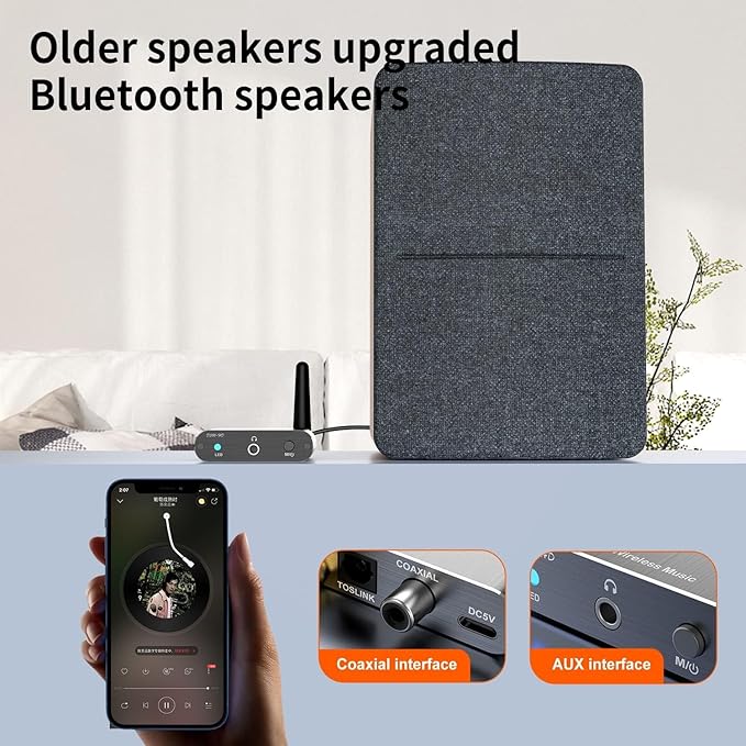 Bluetooth 5.2 Receiver Adapter for Old Home Stereo Receiver Speakers, Wireless Audio Transmitter Receiver for Headphones, Support Aux, Coxial and Optical Outputs