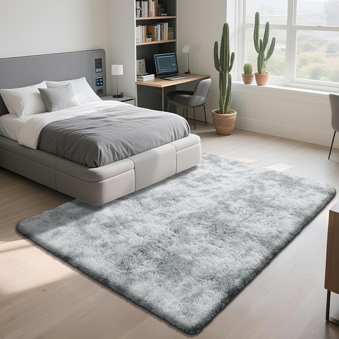 4x6 Mottled Light Grey Rug for Bedroom, Fluffy Area Rugs Small Carpet | - Image 3