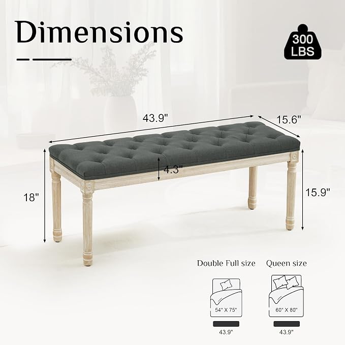 LOULENS 43.9" Linen End of Bed Bench, Vintage Bedroom Bench, Dark Grey | French - Image 2