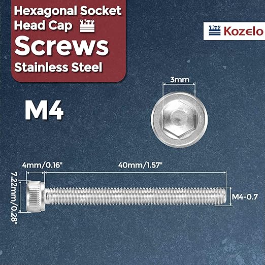 Kozelo 20pcs Socket Head Cap Screws - [M4-0.7 x 40mm] 304 Stainless Steel Allen Socket Drive for Electrical Motor 3D Printing Fan Engine Replacement Use, Silver