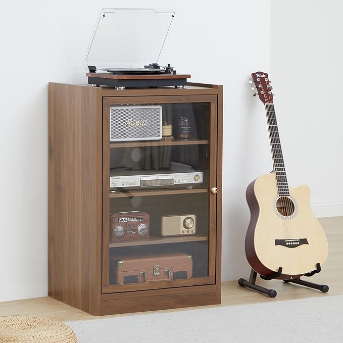 Walnut 5-Tier AV Media Shelf Storage Cabinet with Adjustable Shelves and Cable Management for Living, Gaming, Recording Room