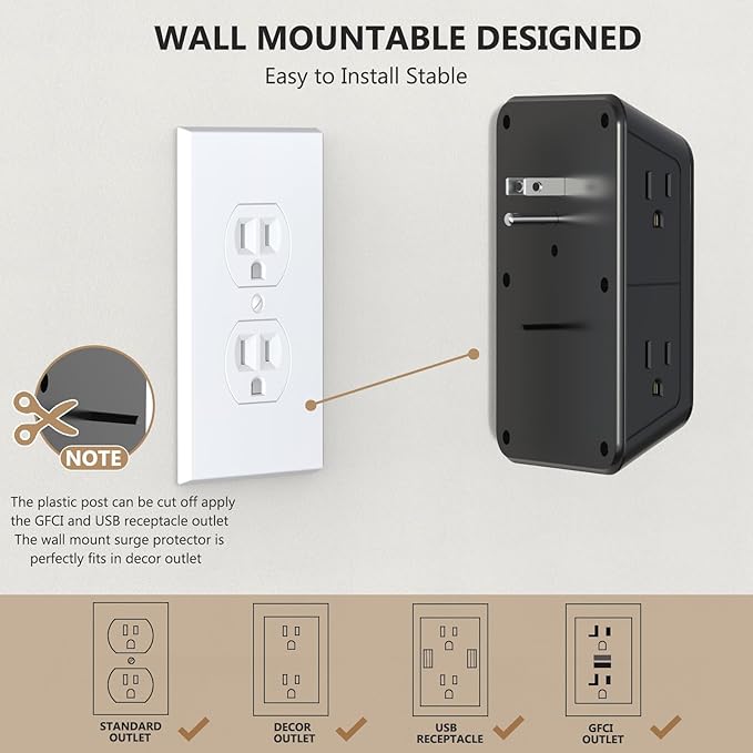 2 Pack Multi Plug Wall Outlet Extender Surge Protector 6 AC Outlet Splitter with 4 USB Ports(2 USB C) Wall Charger 1050J Power Strip 125V/15A, 1875W for Home, Office, Travel Dorm Room Essentials