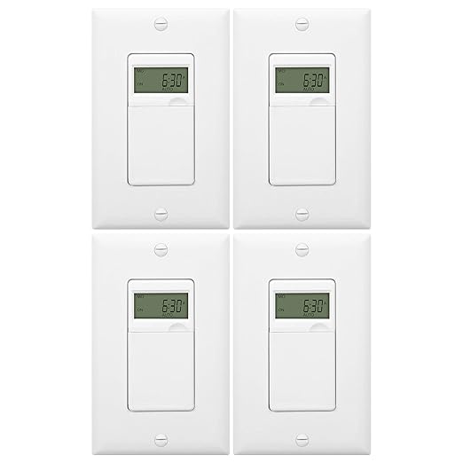 ENERLITES Programmable Digital Timer Switch for Lights, Fans, Motors, 7-Day 18 ON/OFF Timer Settings, Single Pole, Neutral Wire Required, UL Listed, HET01-C, White, 4 Pack