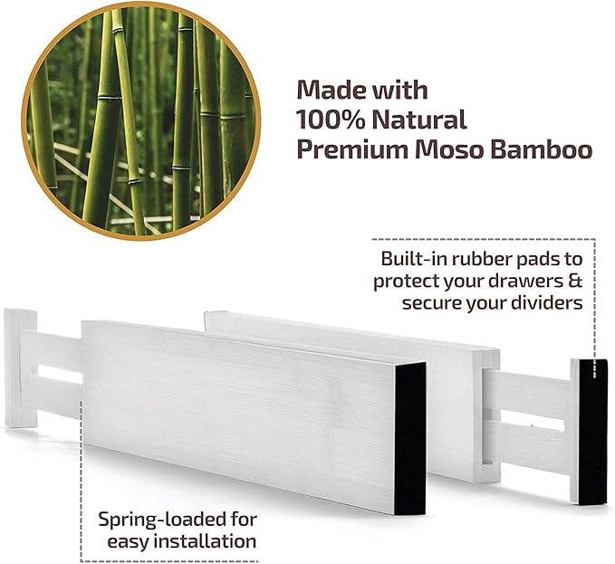 Bambüsi 4 Pack Drawer Dividers - 2.6" High, 16-22" Adjustable Bamboo Drawer Organizers for Clothes, Expandable Dresser Separators in Bedroom/Bathroom/Kitchen/Office Organization and Storage (White)
