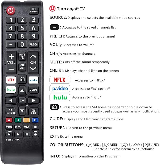 Replacement BN59-01315A BN59-01315J Remote Control Compatible with Samsung 4K Crystal UHD 6/7/8/9/TU-7000 Series Smart TV(BN59-01315E)