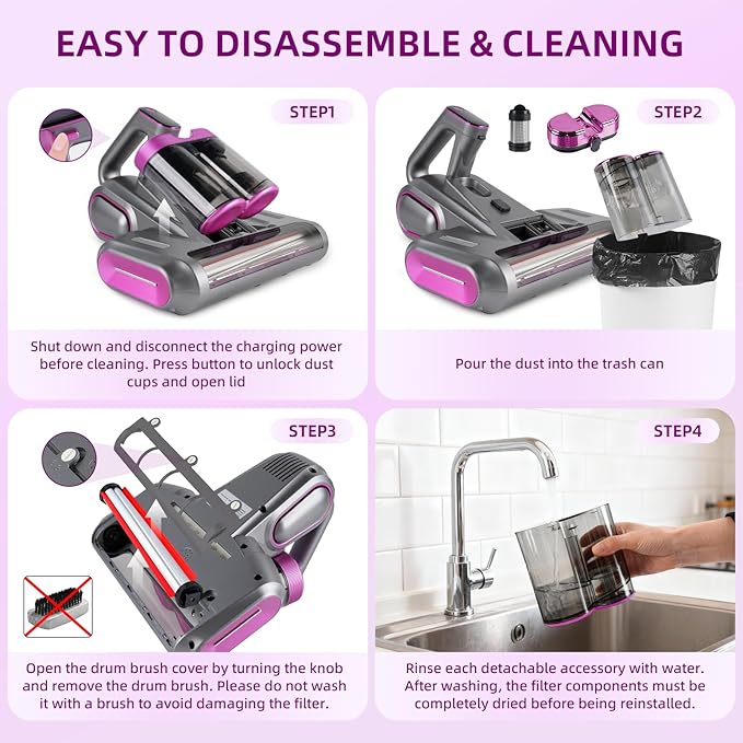 BESTING Mattress Vacuum Cordless with 16Kpa Suction & HEPA Dust Cups, 253.7nm UV-C Light & Ultrasonic, Low Noise Widened Suction Port Handheld Vacuum for Bed Pillows Couch Car Seat Rugs, Gray Purple
