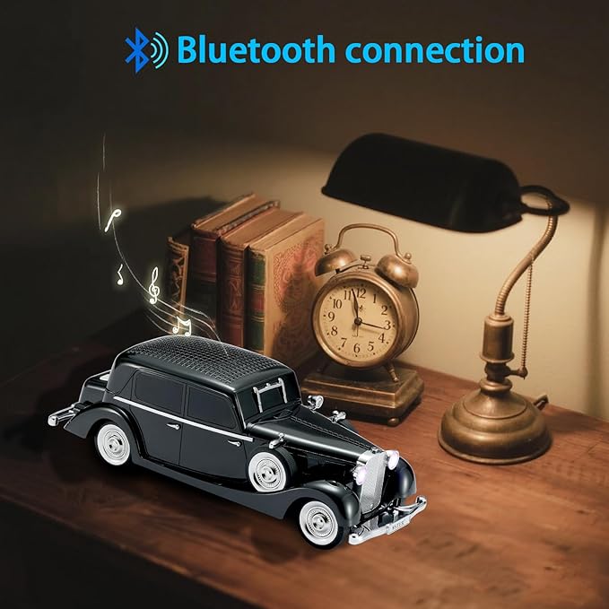 WS-1934 Retro Classic Car Bluetooth Replica Speaker – Wireless HD Sound with FM Radio,TWS Stereo,LED Party Lights,Built-in Microphone Hands-Free Call, Surprise Portable Gift for Party Use(Black)