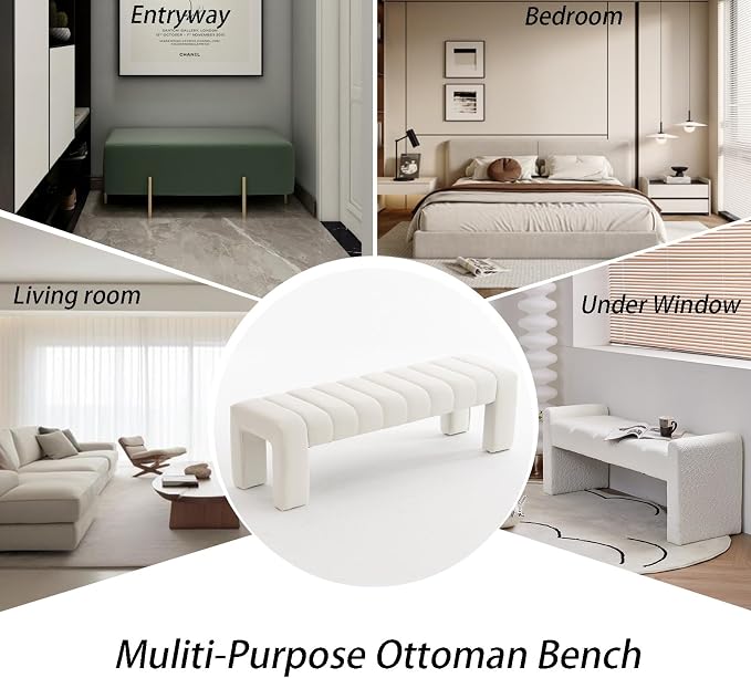 59" Velvet Bench for Bedroom King Size Bed Window End of Bed, Ivory White | - Image 8