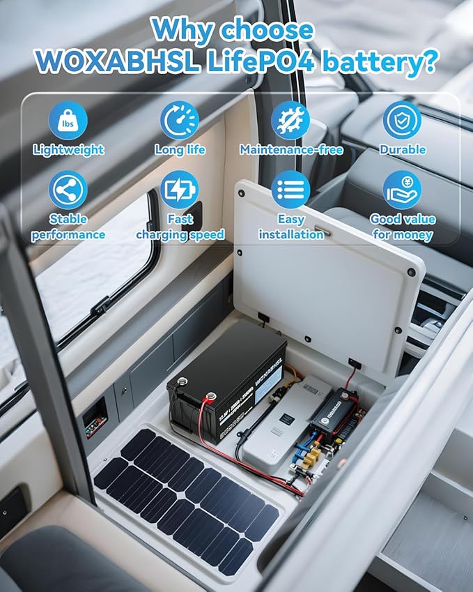 WOXABHSL 4 PCS 12V 200Ah LiFePO4 Lithium Battery, Built-in 200A BMS, 15000+ Deep Cycles, Max 2560W Power Output, FCC UL Certificates, Perfect for RV, Solar, Marine