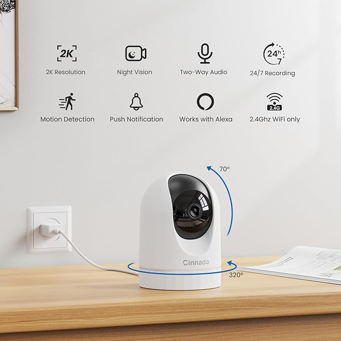 Cinnado 2K Home Security Cameras-2.4Ghz WiFi Indoor Camera with 360° Motion Detection for Pets/Nanny/Baby/Dog, 2 Way Audio, 24/7 SD Card Storage, Cloud Storage, Works with Alexa & Google Home, D1 4P