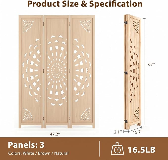 3 Panel Room dividers, 66.9" Boho Double-Sided Carved Screen, Natural | - Image 5