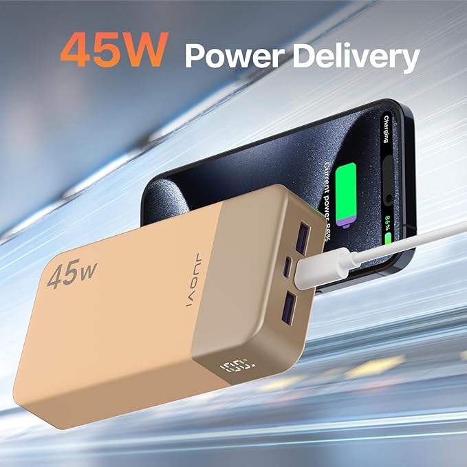JUOVI J2621 Power Bank Portable Charger,20000mAh 45W PD3.0 QC 4.0 Fast Charging Battery Pack with LED Display,2 USB-C,2 USB-A for iPhone 15 16, MacBook (Orange)