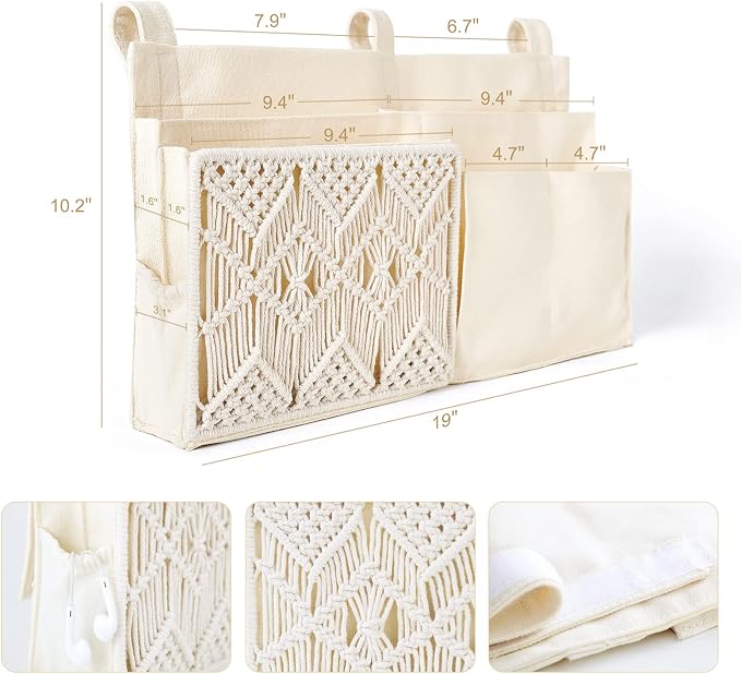 Mkono Bedside Caddy, Macrame Bunk Bed Hanging Organizer, 7 Pockets Ivory | Dorm - Image 5