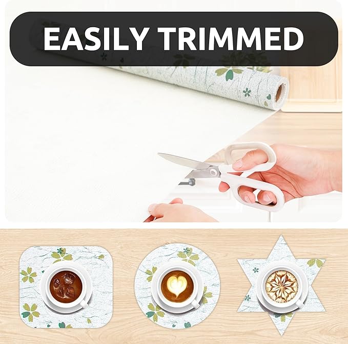 RAY STAR 18X96 Inch Shelf Liner for Kitchen Cabinets, Non-Adhesive Cabinet Liner Washable, PVC Drawer Liner for Dresser Non-Slip Bathroom (Green-Floral)(3 Roll)