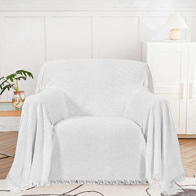 MYSKY HOME Couch Cover White Sofa Covers Small Chair Cover Geometrical Couch Recliner Cover for 1 Cushion Couch Washable Futon Sofa Throws Single Sofa Slipcovers for Dogs (Medium, 71" x 91", White)
