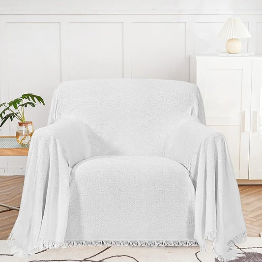 MYSKY HOME Couch Cover White Sofa Covers Small Chair Cover Geometrical Couch Recliner Cover for 1 Cushion Couch Washable Futon Sofa Throws Single Sofa Slipcovers for Dogs (Medium, 71" x 91", White)