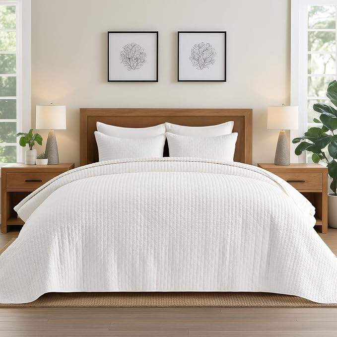 100% Cotton Cross Stitch 3-Piece Quilt, Bright White | Cross Stitch Cotton Quilt by EVERGRACEHOME