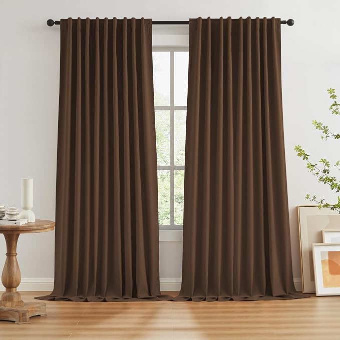 Brown Blackout Pleated Look Curtains 102 Inches Long 8.5 ft Length by KEQIAOSUOCAI