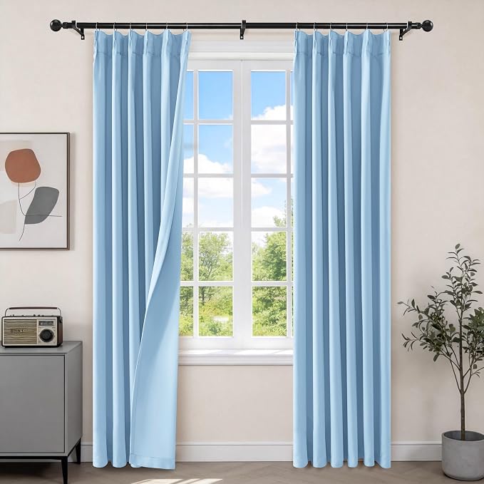 Etherealveil Light Blue Pinch Pleated Blackout Curtains 2 Panels 40"x84" | Back by Etherealveil