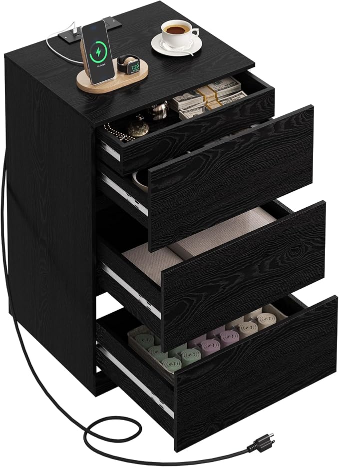 Nightstand with Charging Station and Hidden Drawer, Modern Night Stand by Draelibor