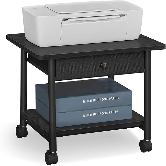 VASAGLE Heavy-Duty Printer Stand with Locking Wheels, 2-Tier with Drawer Industrial Mobile Cart with Storage Shelf, Printer Table for Home, Office, 15.6" Height, Ebony Black UOPS004B56