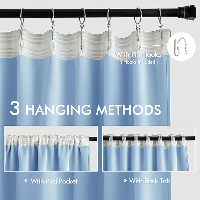 MIULEE Sky Blue Back Tab Blackout Curtains 52x102 Inch Long 2 Panels Set | Rod - Image 3
