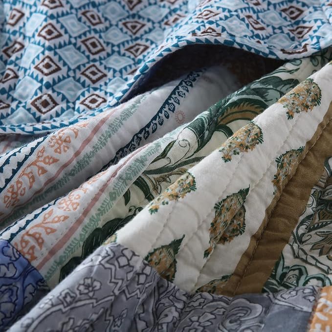 Autumn Dream Cotton Bedspread Bohemian Blue Quilt Bedding Sets, Queen Size | - Image 8