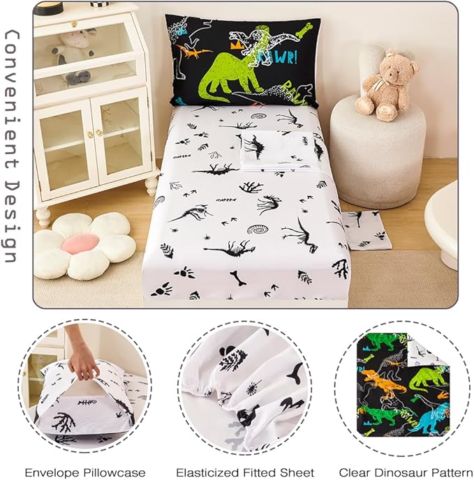 PERFEMET 4-Piece Boys Toddler Bedding Sets Cartoon Dinosaur Comforter Set for Girls Kids Soft Reversible Colorful Animal Bed Set for Toddler(Dinosaur, Toddler)