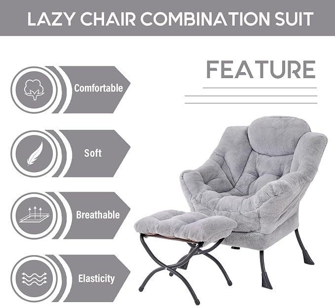 Lazy Chair with Ottoman, Comfy Accent Reading Chair, Plush Grey | Foldable - Image 7