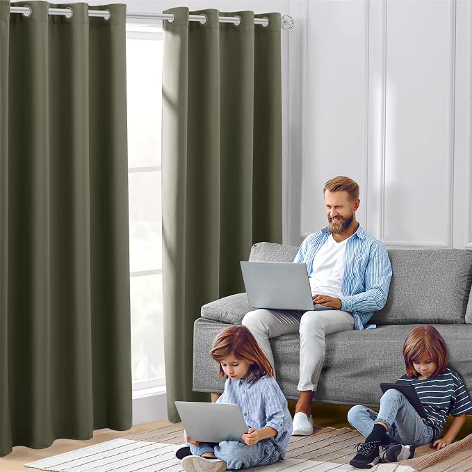 HOMEIDEAS Olive Green Blackout Curtains Bedroom 52X84 2 Panels | Room Darkening - Image 2