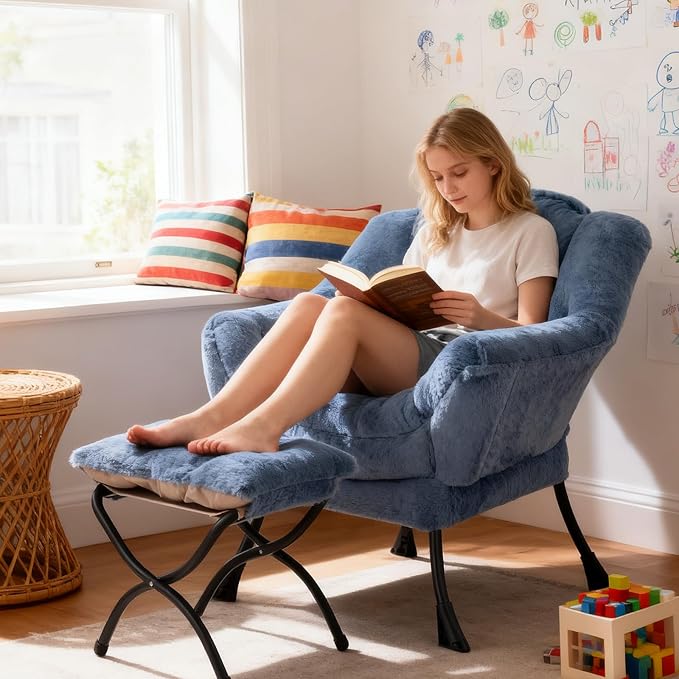 Welnow Lazy Chair with Ottoman, Reading Chair with Footrest, Plush Light Blue | - Image 8