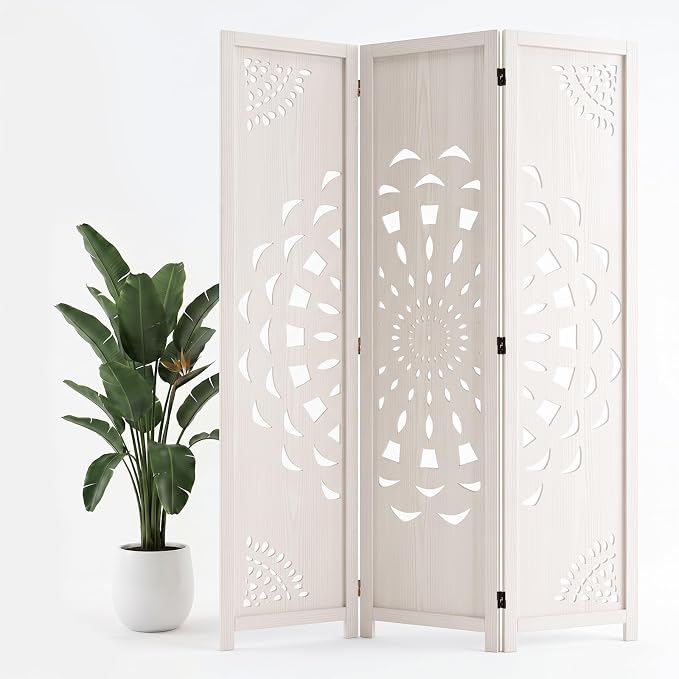 3 Panel Room dividers, 66.9" Boho Double-Sided Carved Screen, Freestanding by Shinkael