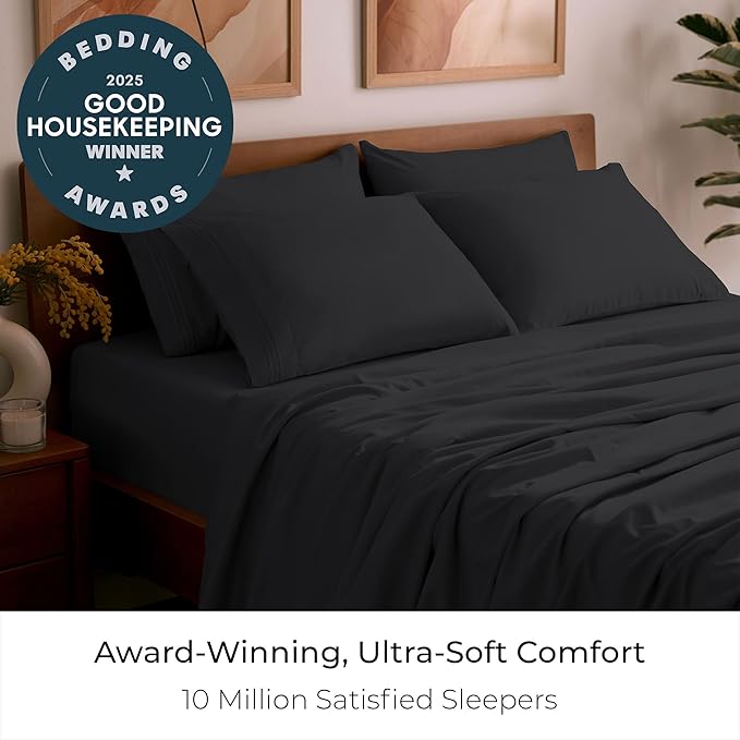 Mellanni California King Sheet Set - 6-Piece Iconic Collection Bedding, (Including 4 Pillowcases), 16-Inch Deep Pocket, Easy Care, Extra Soft, Cooling Sheets, Brushed Microfiber - Black