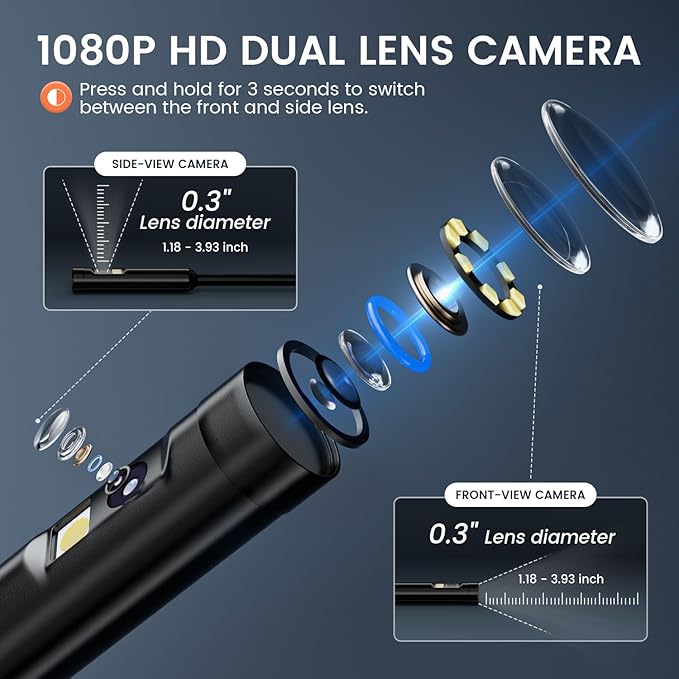 Endoscope Camera with Light: Dual Lens Industrial Endoscope Borescope - 1080P HD Borescope Camera with Light- 16.4FT Flexible Waterproof Inspection Bore Scope for Plumbing Automotive Sewer